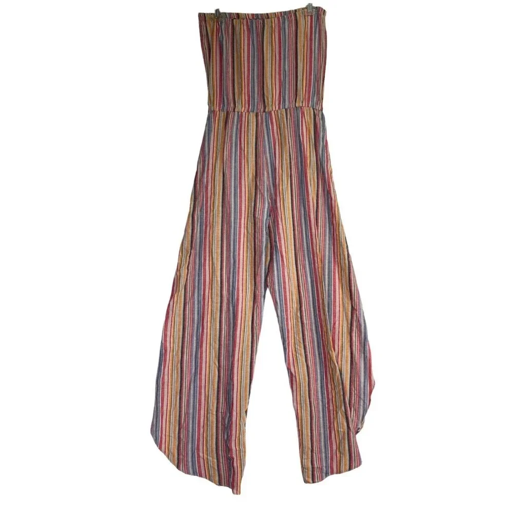 Drew Anthropologie Jumpsuit Womens Medium Pink Linen Striped Strapless Emerson - Picture 6 of 10